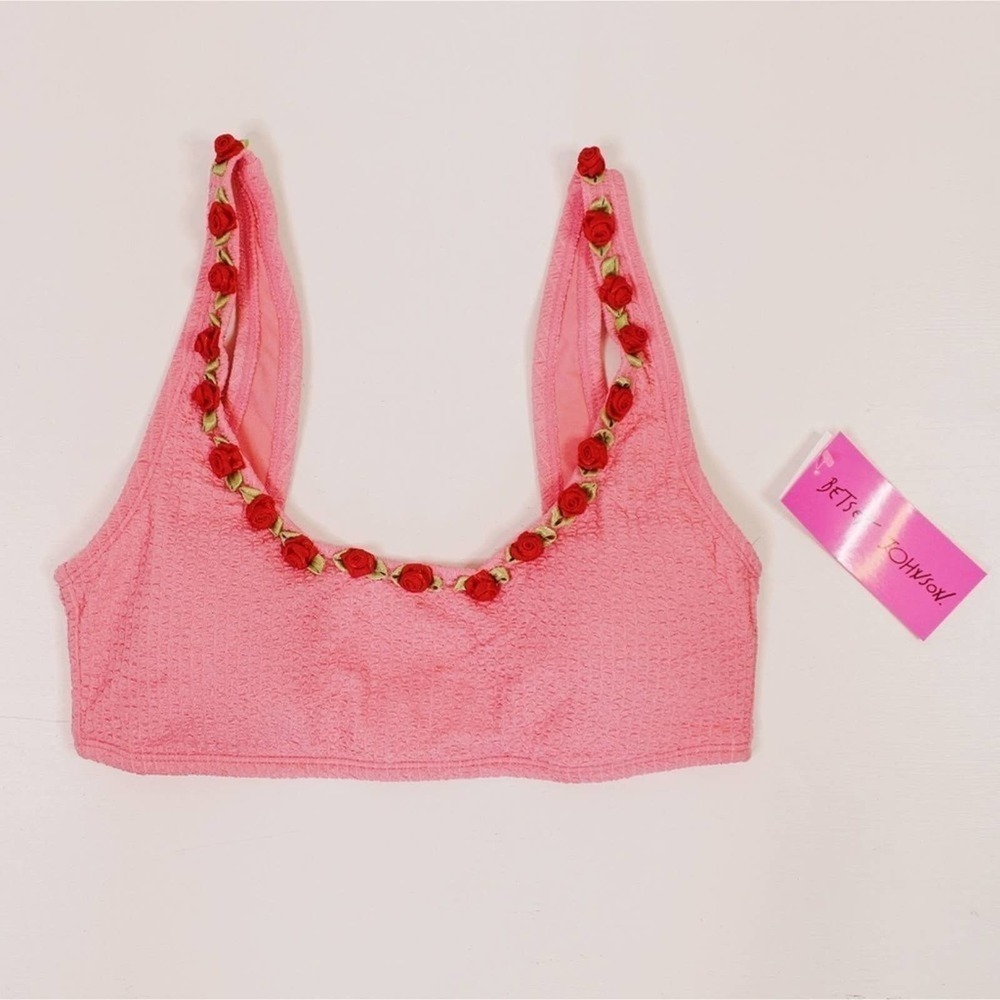 Betsey Johnson Pink Ribbed Scrunch Knit Rosette Bikini Top - Picture 3 of 6